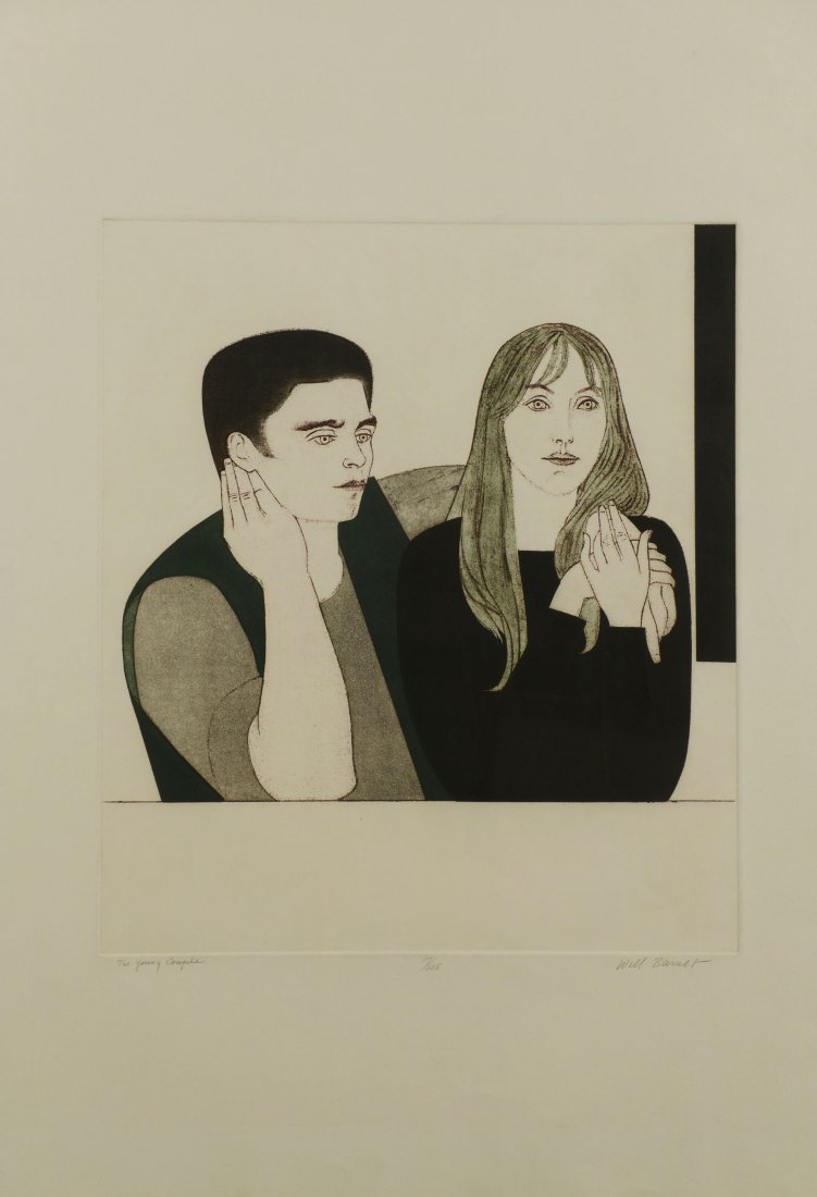 Will Barnett Colored Etching: William Barnett (Pennsylvania, 1918 - 1992) colored etching and aquatint titled "The Young Couple". Titled in pencil lower left margin, numbered 104/225 and pencil signed lower right margin.
