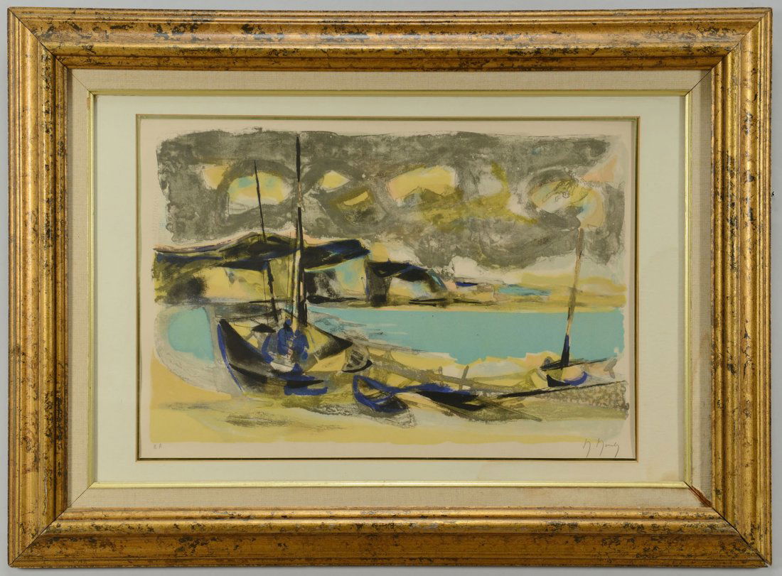 Marcel Mouly lithograph, Marine View Brittany: Marcel Mouly (French, 1918-2008), lithograph, Marine View of Brittany depicting boats along a shoreline, edition E.A., signed M. Mouly (lower right). Paneled gilt frame, linen mat. Frame: 21" H x