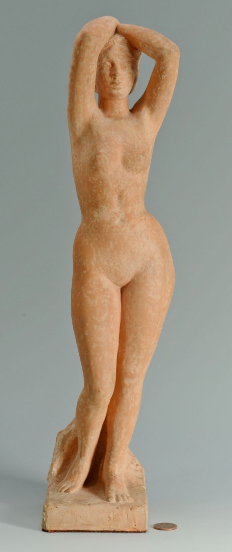 Milo Martin Terracota Nude Figure: Milo Martin (Swizterland, 1893 - 1970) terracotta nude figure of a female with raised arms. Signed and dated on the back "Milo Martin, 1930". 15 3/4" H. Together with a 1941 French book