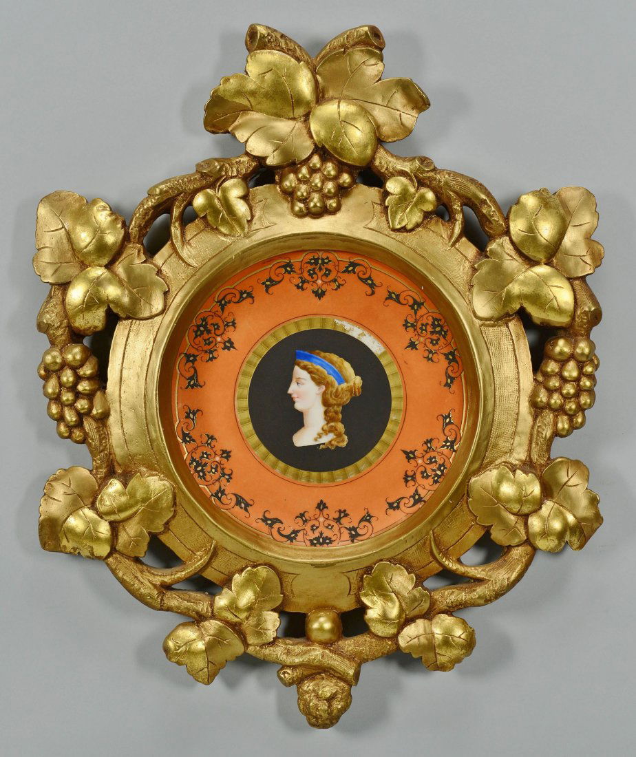Framed French Classical Bust Plate: Framed 19th century French porcelain Classical style plate featuring the bust of a Roman woman. Red Amphora style painted border with gilt accents. Impressed "p" and "g" to back. H