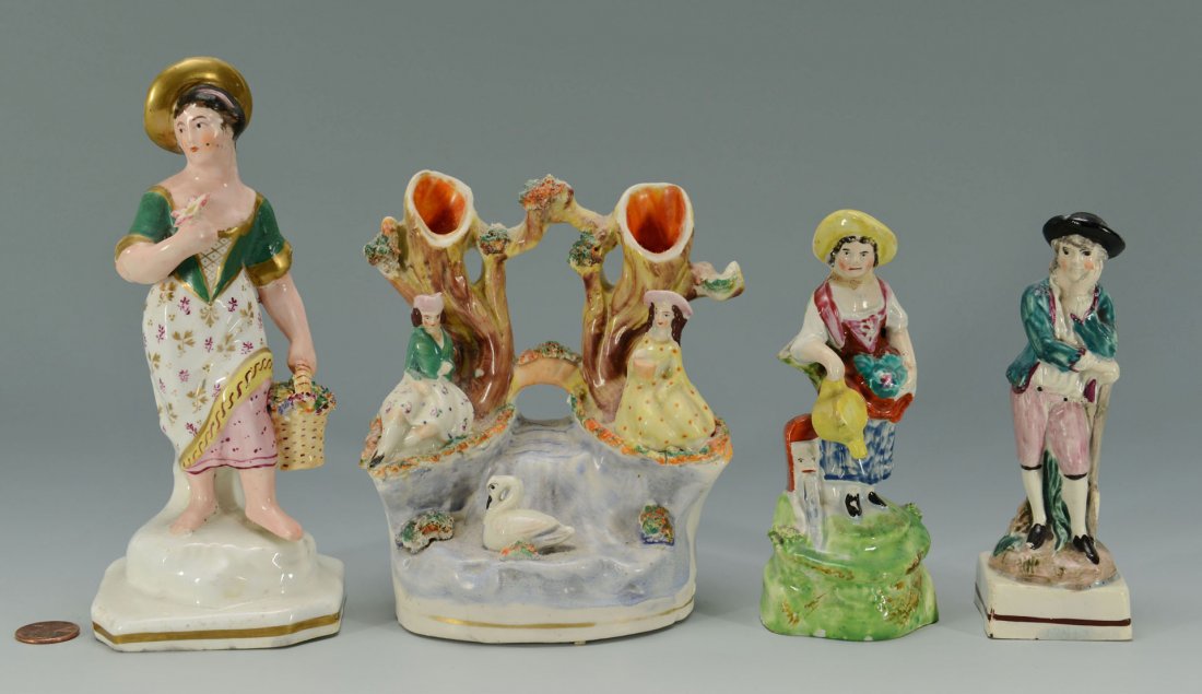Grouping of 4 Staffordshire Figures: Grouping of 4 Staffordshire earthenware figures including 1 male leaning on spade, with repair on shoulder, 5"; Woman with basket of flowers (scratch to face), 7; "Gardener Girl" Woman