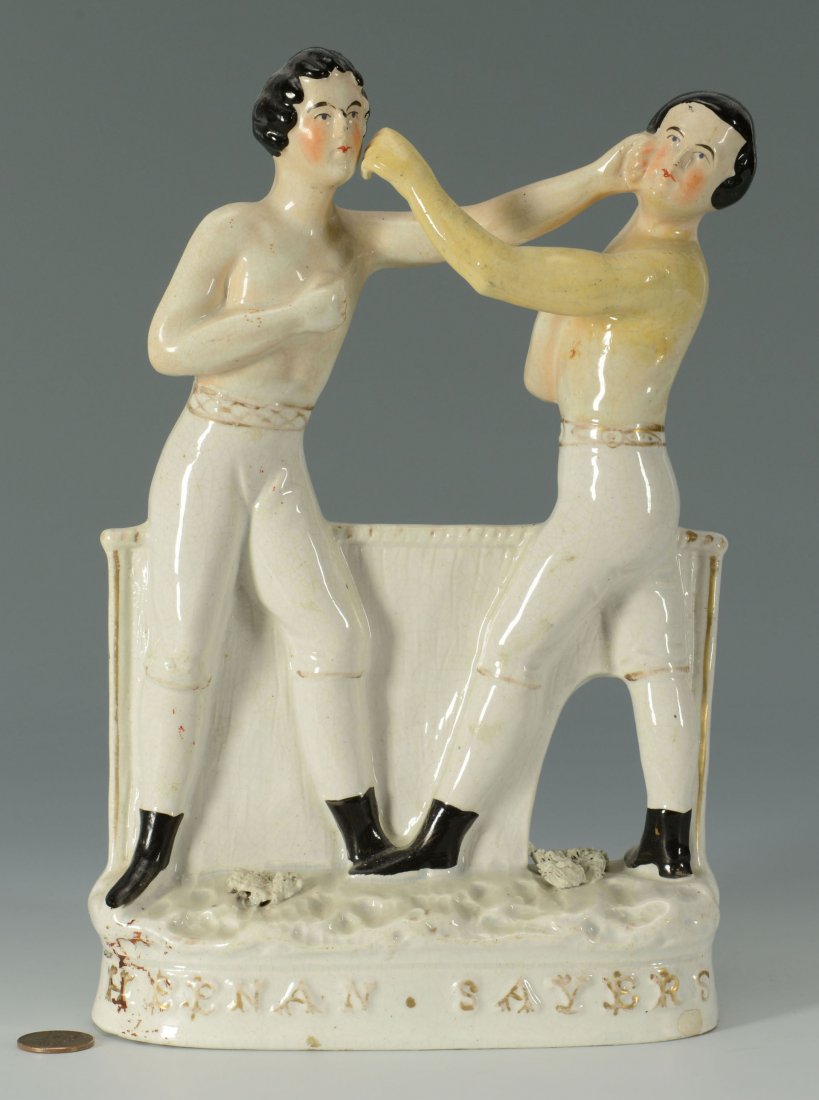Stafforshire Group, Pugilists Keenan & Sayres: Staffordshire figural group depicting boxers (Pugilists), American champ John Carmel Heenan and English champ Tom Sayers in the most famous boxing match of the 19th century, held April 17, 1860. (The 