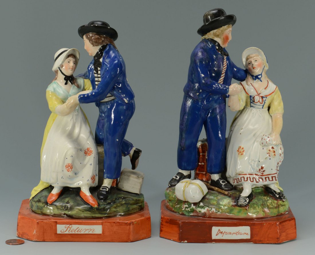 Pr Staffordshire Figures, Departure and Return: Pair of Staffordshire three-dimensional figural earthenware groups titled Departure and Return, depicting a sailor leaving and returning to his beloved. Decorated in overglaze enamels on rectangular c