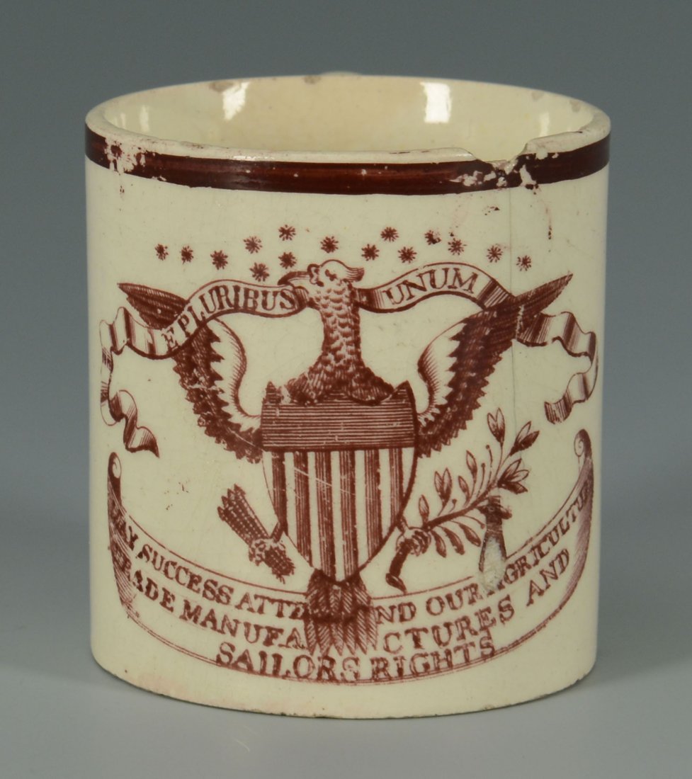 American Patriotic Transferware Child's Mug, Agric: Rare Staffordshire creamware child's cup made for the American market, with brown patriotic decoration of a spread-winged eagle with shielded breast and banner reading E PLURIBUS UNUM. Across the bott