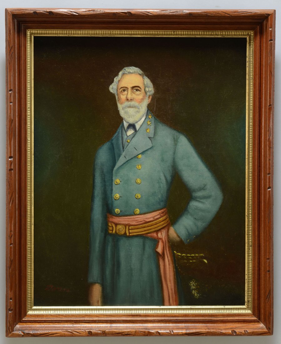 Portrait of Robert E. Lee on tent canvas: Naive portrait of Robert E. Lee in uniform, said to have been painted during the Civil War by a soldier on tent canvas (likely from a photograph). Signed at left "Dorede" or "Dorode&quo