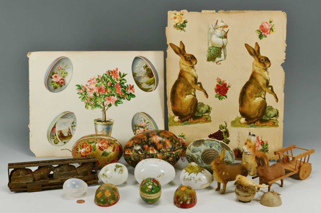 Grouping of Easter Containers & Decorative Items: Grouping of Easter containers & decorative items. 1st set - 3 composite rabbits with one rabbit pulling a cart, one standing on all four legs, and one sitting with a removable head (marked partially G