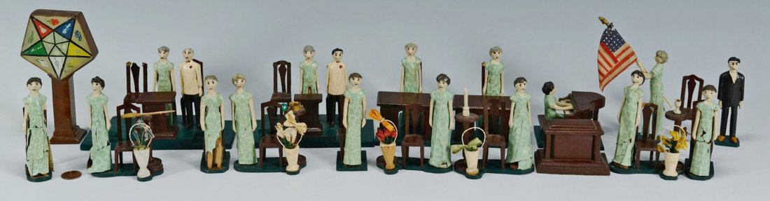 Folk Art Eastern Star Masonic Items: Group of handmade masonic Eastern Star figures, furniture, Eastern Star emblem, American flag, piano and flower baskets made for a display of an Eastern Star meeting. Items made of wood, masonite and 