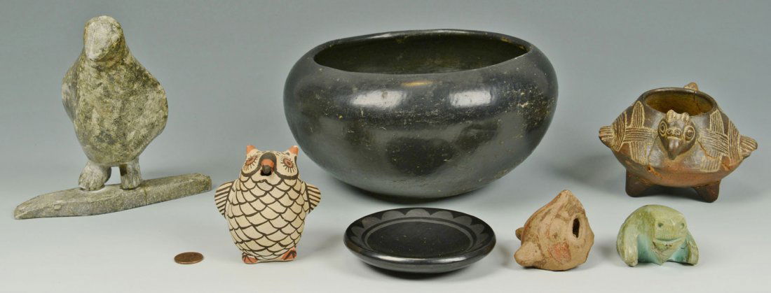 5 Native American objects, incl. Blue Corn, other: Lot of 7 Indian related objects including 5 Native American Items. 1st item - Small Blue Corn San Ildefonso blackware plate, scallop design around rim, signed on base, "Blue Corn San Ildefonso Pu