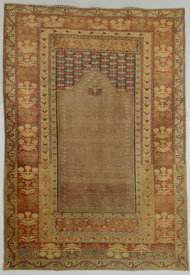 Semi-Antique Turkish Ghiordes Prayer Rug, 6.5 x 4.: Semi-Antique Turkish Ghiordes prayer rug, 6'5" x 4'5", with hanging lantern on open ivory field, highlights of brown, blue, red and orange. Circa 1940. Blount County, TN collection.