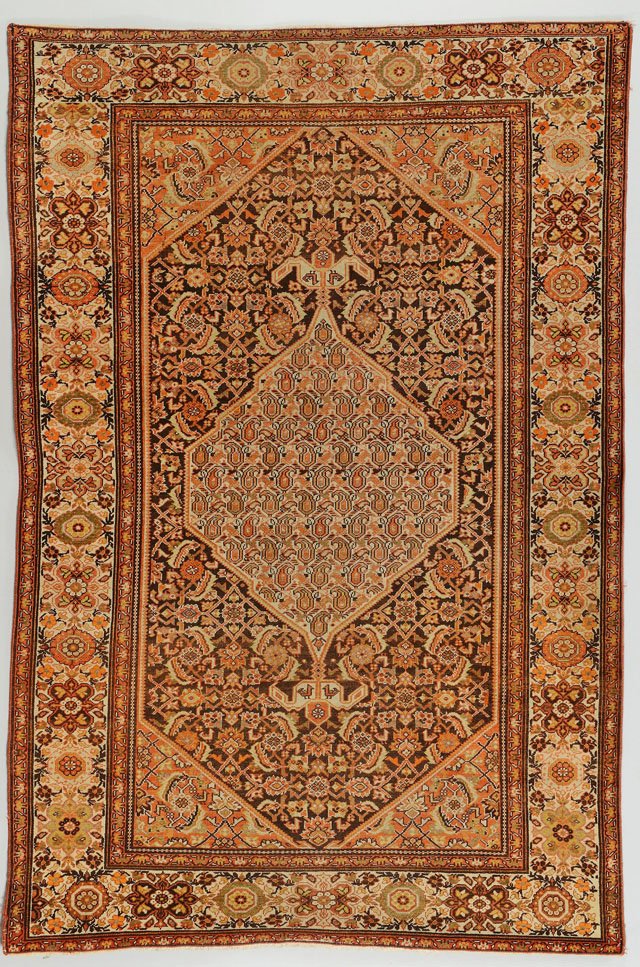 Antique Malayer rug 4' x 6', circa 1910: Antique Malayer area rug with center medallion, boteh design with chickens and foxes, navy field and highlights of cream, red and blue, 4' X 6'2". circa 1910. Blount County, TN collection.