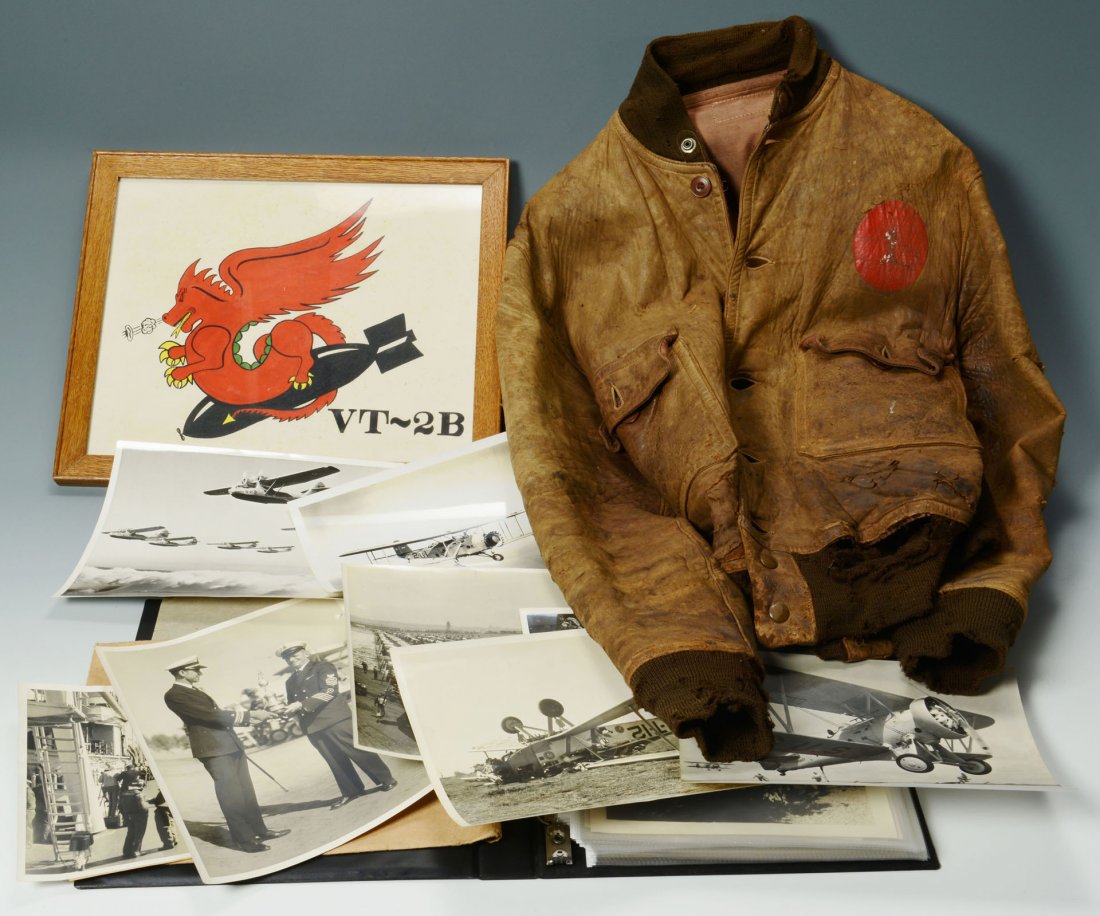 Rear Admiral Ballentine Naval Flight Jacket and Ar: Archive and Navy leather flight jacket belonging to Rear Admiral John Jennings Ballentine (1896 - 1970). Front of jacket with red circle and the number 1 on the left breast, the back with red dragon a