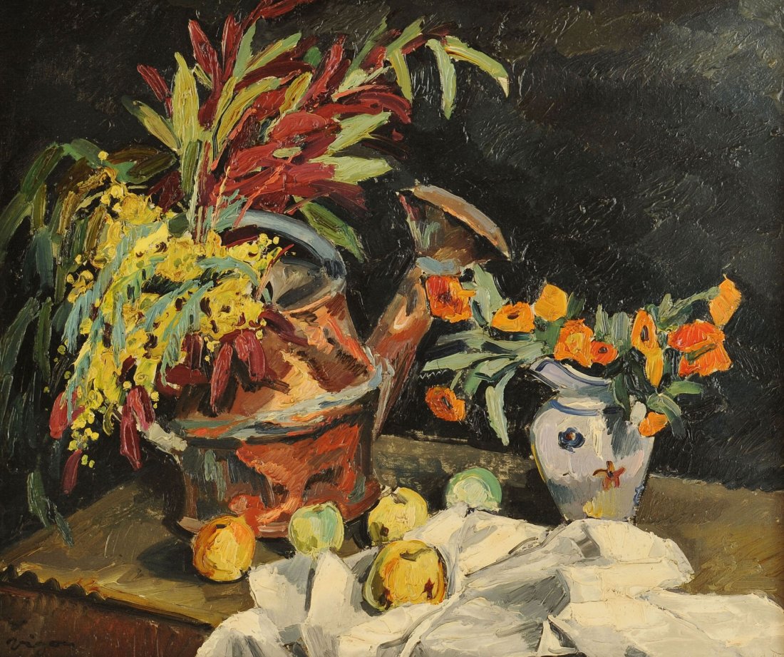 "Vigon" Floral Still Life, 20th century: Loosely rendered oil on canvas painting of a floral and fruit still life. Signed lower left "Vigon". Possibly by Louis Jacques Vigon (French, 1897-1985). Housed in a carved gilt wood frame. 