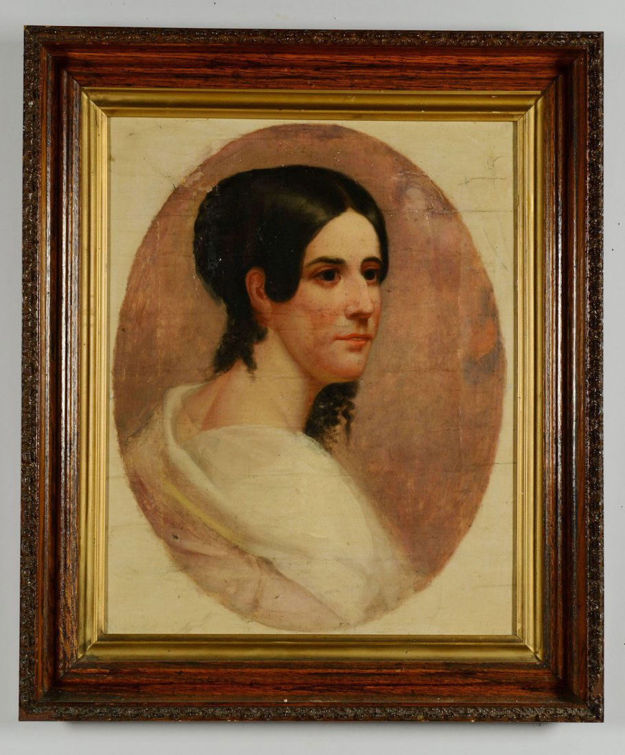 19th c. American School Portrait of a Lady: American school portrait in the style of Thomas Sully, possibly Tennessee, depicting a dark haired lady attired in pink dress with white wrap. Housed in a carved wooden frame. Sight - 19 3/4" H x