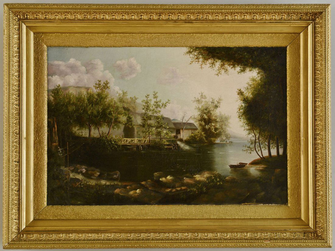 19th C. Oil on Canvas, Knox County Scene: 19th century oil on canvas Knox County, Tennessee riverscape, depicting a river with a mill house and another building. A row boats sits in the foreground with cows wading into the river and mountains