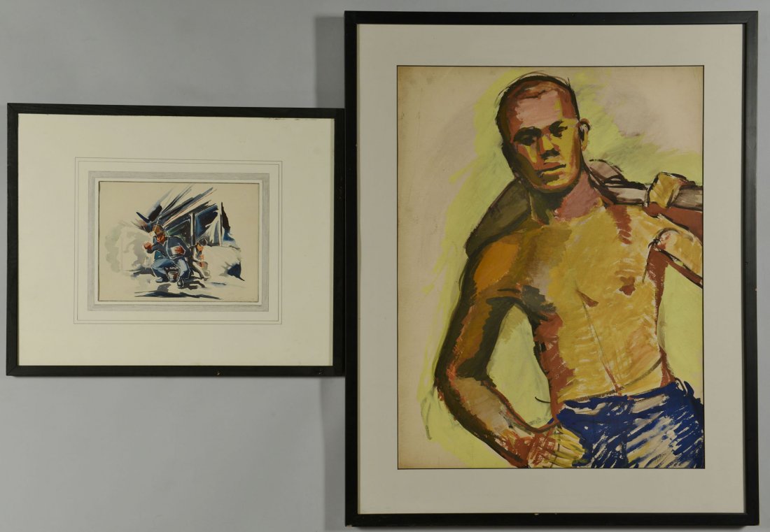2 Carlos Cervantes Paintings: 2 Carlos Cervantes (American, 20th century) watercolor paintings. Item 1: Watercolor on paper depicting coal miners, pencil signed "Carlos Cervantes" lower right. Sight - 7 3/8" H x 9 7