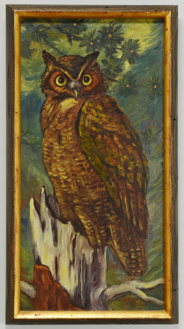 Oil of An Owl Perched in a Tree, J. Marvin Green: Folk art oil on canvas depicting an owl perched on wooden branch. Signed lower right J. Marvin Green, possibly John Marvin Green (California, 1903 - 1959) . Housed in a rustic wood and gilt painted fr