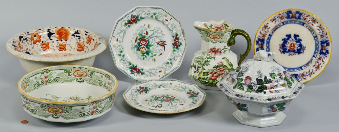 English transfer decorated ironstone, Masons: Grouping of English decorated ironstone, many marked Mason's. Total 7 pieces. Includes a large green transfer bowl with paneled sides - marked underside Mason's- similar to birds of paradise pattern, 