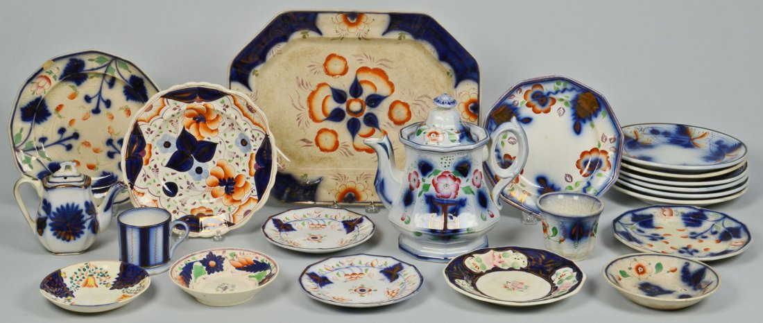 Large grouping of Gaudy Ironstone, 21 pieces: Large grouping of Gaudy ironstone and related designs, 21 pieces total. Includes 1 large octagonal platter (marked underside ironstone), 1 large teapot, 1 small teapot, 6 matching plates (marked Walle