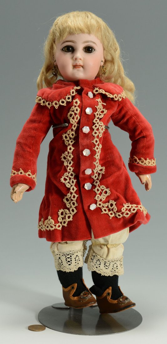 Depose Jumeau Bebe Doll in Petite Size: Bebe Jumeau, Incised Depose model, petite size 4 (12-1/2") with blonde mohair wig, cork pate, bisque head and neck, incised Depose in block letters, E 4 J with red check mark. Brown paperweight e