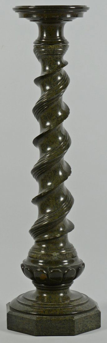 Green Marble Display Pedestal: Green marble display pedestal or plant stand with spiral column and octagonal base. Comprised of 3 parts. 43" H. Top - 10 1/4" dia. 19th century. Provenance: Knoxville, TN collection.
