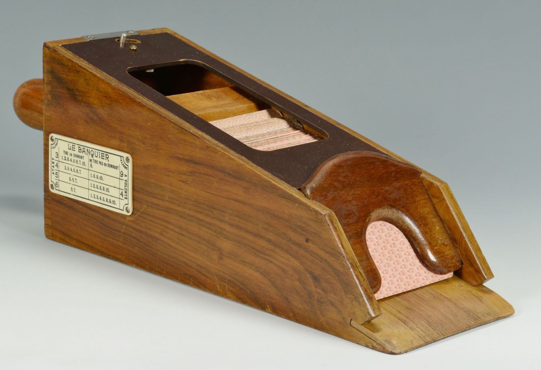 Vintage French "Le Banquier" Baccarat Card Shoe: Vintage French "Le Banquier" Baccarat card shoe with French playing cards, mixed quantity, 5" H x 4" W x 16" D incl. handle.