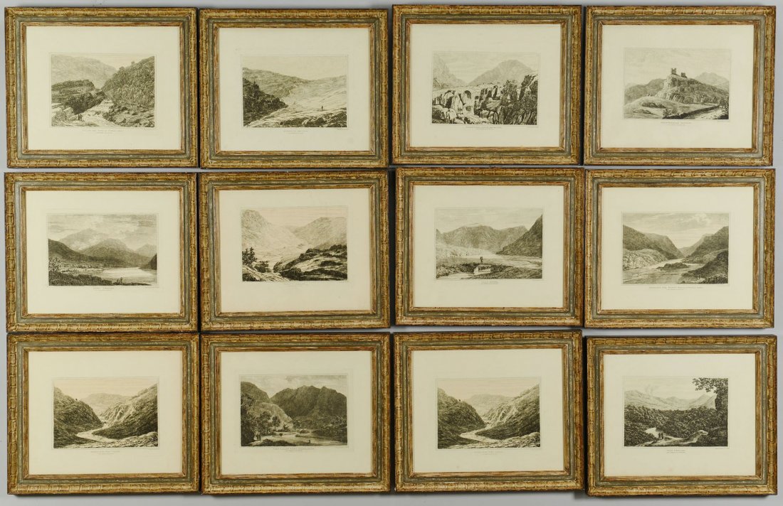 12 etchings of Wales by John George Wood: Set of 12 landscape etchings of Wales by John George Wood (British, 1768-1838), dated 1812, possibly later strikes. Framed in grey and taupe stained and molded frames. Plate: 7-1/4" X 10"; S