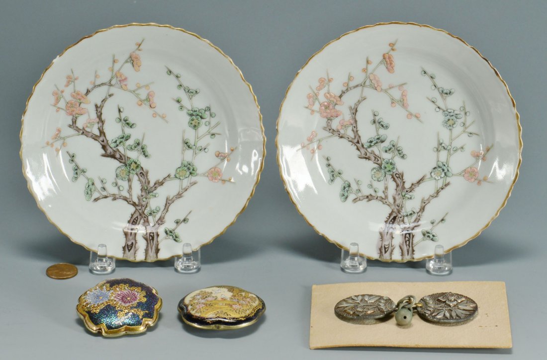 Asian Buttons and Ceramics: Group of 4 Asian themed buttons and a pair of Japanese ceramic saucers. 1st group: Two large enamel, silver metal buttons, one of garden scene and one with two chrysanthemums. and micro-mosaic turquoi