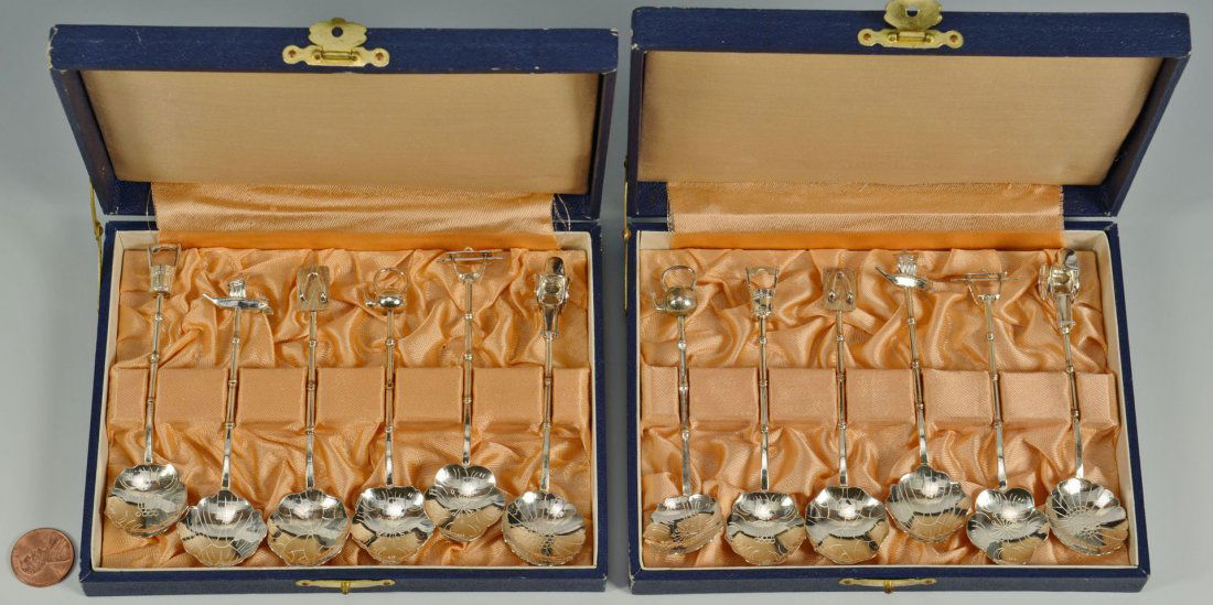 Set of 12 Japanese .950 Silver Novelty Spoons: Set of twelve Japanese silver demitasse spoons with engraved bowls and novelty figural handles including ship, tea kettle, rickshaw, bucket, etc., marked Tanaka 950 (exceeding sterling in silver conte