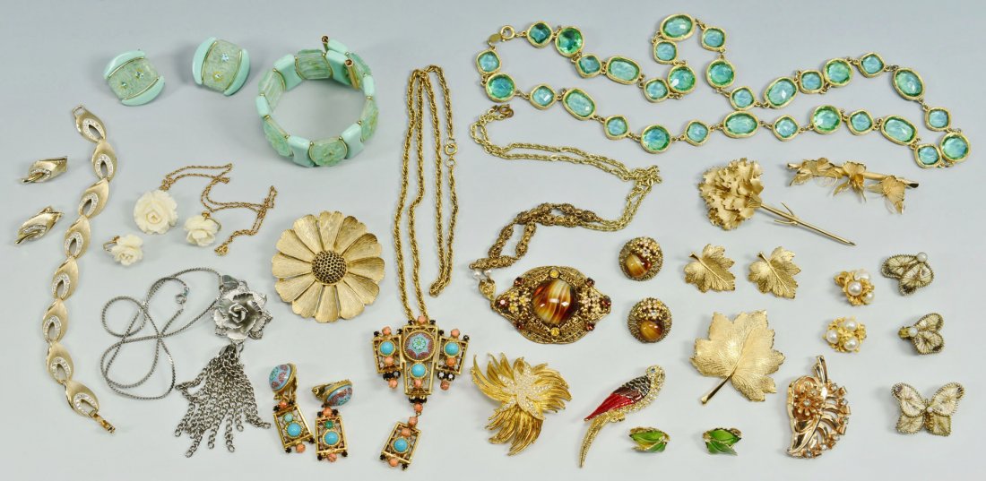 Group of Vintage Designer Costume Jewelry: Group of vintage designer costume jewelry. 1st group: Collection of costume jewelry by Giovanni consisting of 6 items including 2 pair of earrings. Brushed gold maple leaf pin (2-1/2" L) and matc