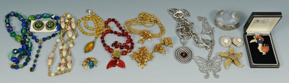 Vintage Costume Jewelry incl. Hattie Carnegie, DeM: Lot of vintage costume jewelry, 15 pieces, most signed. Includes a faux gold and amber parure signed DeMario (choker necklace, brooch, and clip earrings); a red beaded and gilt choker necklace signed 