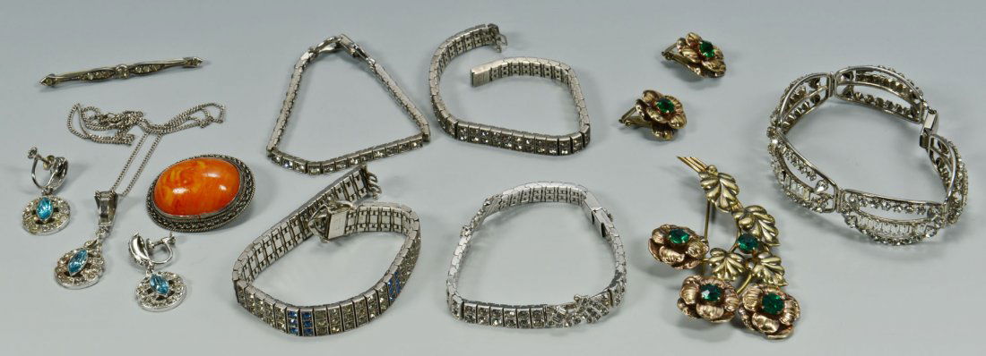 Vintage Sterling Jewelry with Stones: Group of vintage sterling silver and stone jewelry including 5 rhinestone bracelets, most in Art Deco designs; 1 sterling and rhinestone bar pin; set 12k gold filled sterling flower spray brooch and m