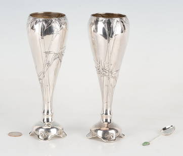 2 Yokohama Japanese Sterling Vases + 1 Chinese Spoon: Pair of Japanese Export Silver Vases, signed Arthur & Bond, Yokohama; trumpet form with delicate chased bamboo decoration, tapering stems and weighted domed bases with four pierced bamboo-decorated