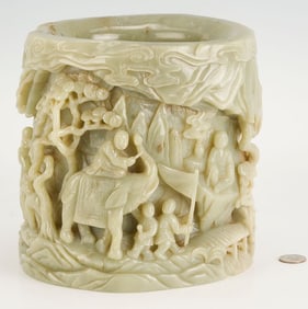 Large Chinese Carved Jadeite Brush Pot w/ Buddha, Exhibited
