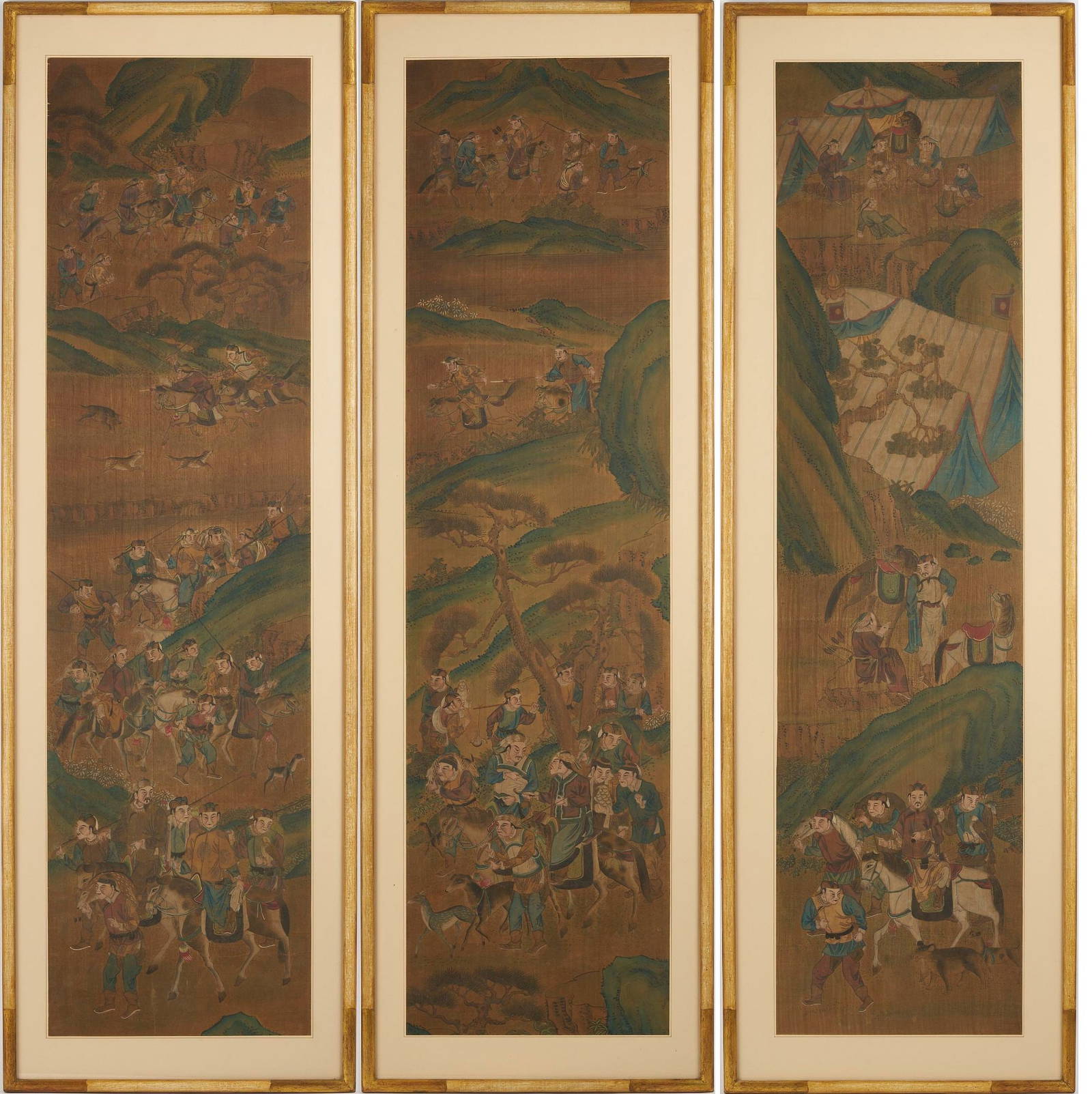 3 Chinese Framed Scrolls incl. Mongolian Hunting Scenes