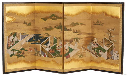Tale of Genji Japanese Screen, Edo Period: A Japanese Edo Period four-panel polychrome watercolor, gouache, and gilt screen depicting the Tale of Genji or Genji Monogatari, featuring various figures in interior scenes and landscape scenes