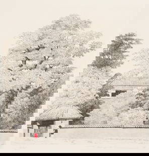 Scarce Tanaka Ryohei Color Etching, July: Tanaka Ryohei (Japan, 1933-2019) color etching and aquatint titled July, depicting a woman with a parasol and red shirt who walks along a wall behind which a building and numerous trees can be seen,