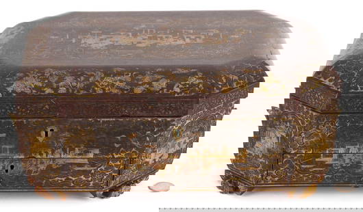 Chinese Lacquer Sewing and Writing Box: Antique Chinese lacquer ladies' sewing and drawing box with gilt stenciled figural and landscape decoration, canted corners, brass bail handles and naturalistic carved wood feet. Top section is