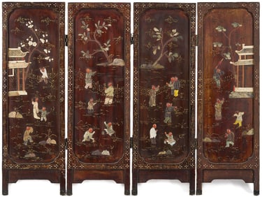Chinese Four Panel Inlaid Wood Table Screen