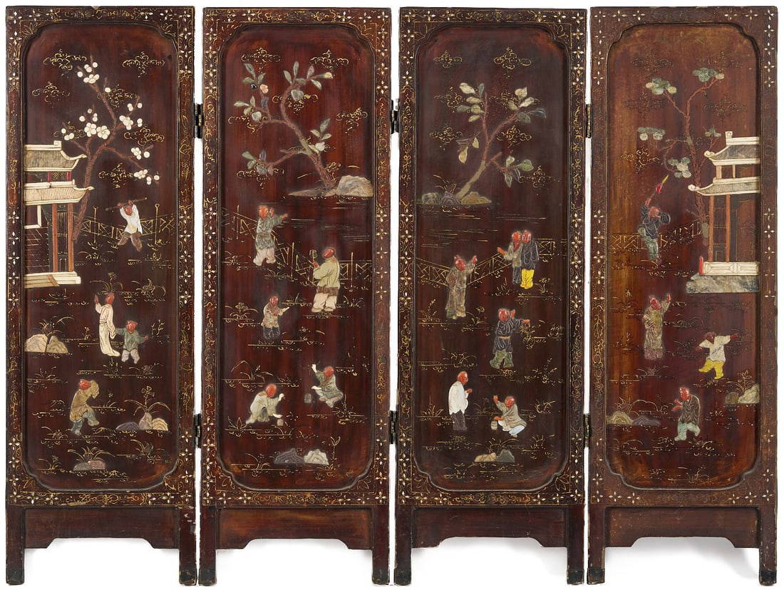 Chinese Four Panel Inlaid Wood Table Screen