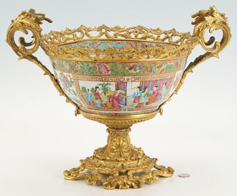 Chinese Rose Mandarin Punch Bowl w/ Gilt Bronze Mounts