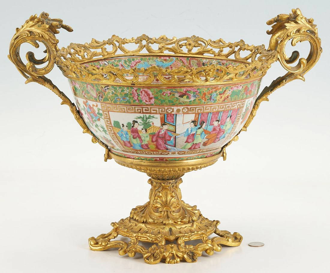 Chinese Rose Mandarin Punch Bowl w/ Gilt Bronze Mounts