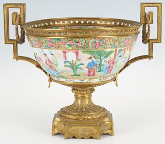 Early Chinese Rose Mandarin Punch Bowl w/ Gilt Bronze Mounts