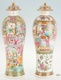 Near Pair of Chinese Export Rose Medallion Lidded Vases: Near pair of Chinese Export Rose Medallion tall Mei Ping form lidded with polychrome enamel decorated vignettes of court scenes and bird, floral, and insect vignettes on a scrolling foliate ground.