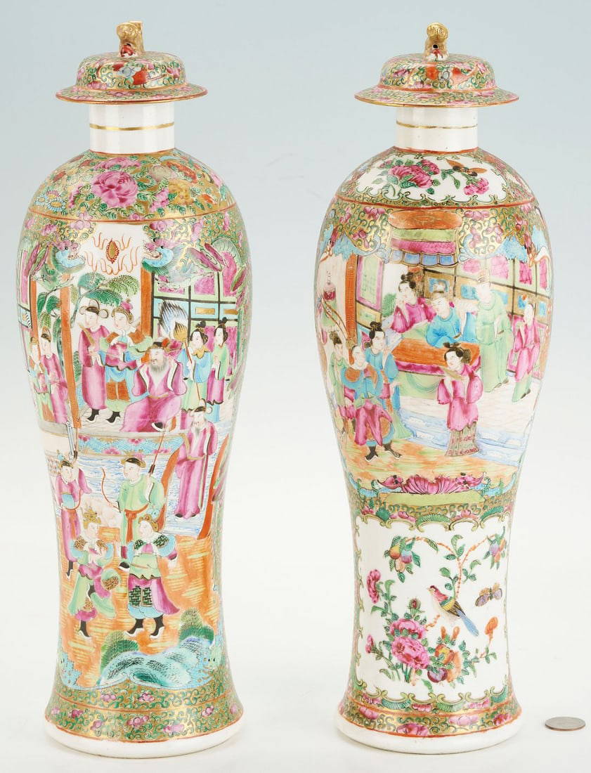 Near Pair of Chinese Export Rose Medallion Lidded Vases