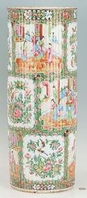 19th Cent. Chinese Rose Medallion Porcelain Umbrella Stand, Fluted Exterior