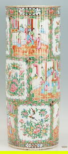 19th Cent. Chinese Rose Medallion Porcelain Umbrella Stand, Fluted Exterior: Chinese Export Rose Medallion porcelain umbrella stand with fluted sides having alternating vignette decorations of figures in court settings, flowers, leaves, fruit, birds, and insect