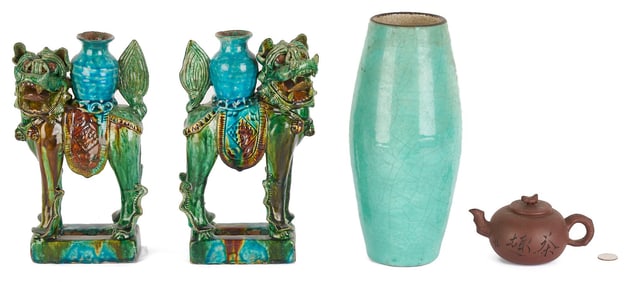 Pair Chinese Foo Dog Roof Tiles plus Vase and Yixing Teapot