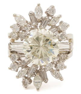 4.71 ct Platinum Diamond Engagement Ring & 14K Diamond Ring Jacket - GIA Report: 1st item: Ladies' platinum ring featuring one (1) GIA round brilliant cut diamond of 4.71 carats, Clarity-SI1, and Color-QR accented by two (2) tapered baguette cut diamonds approximately 0.36 carats