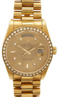 Men’s 18K Rolex Day-Date President Wrist Watch: Men&rsquo;s 18K Rolex Day-Date Presidential wrist watch, Model #18038 single quick set, 18K yellow gold bracelet, gold dial with diamond hour markers, day aperture at twelve, calendar date aperture at