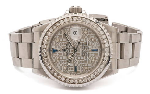 Men's Rolex Oyster Perpetual Date Submariner Watch: Rolex Oyster Perpetual Date Submariner watch, Model 16610, 40mm stainless steel case, silver Jubilee dial with custom-set diamond and sapphire hour markers, aftermarket diamond bezel and dial, calenda